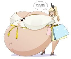 barely_visible_nipples dialogue english_text gigantic_belly gigantic_breasts gigantic_thighs goddess_of_victory:_nikke heels holding_bag hyper_breasts hyper_pregnancy pregnant rupee_(nikke) shopping_bag smile speech_bubble text thick_thighs topwear watch wide_hips zeruxu