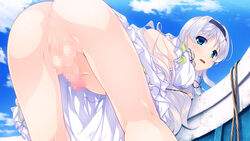 1boy aogiri_penta ass blush bottomless crossdressing femboy fujikiri_nao josou_kaikyou male male_only penis presenting solo sundress trap white_hair