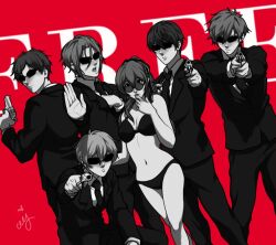 1girls bikini ceejss clothed_male female free! group gun hazuki_nagisa makoto_tachibana male matsuoka_gou nanase_haruka_(free!) pistol pointing_gun rei_ryugazaki rin_matsuoka ryuugazaki_rei smiling suit suit_and_tie sunglasses tachibana_makoto