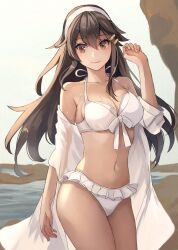 1girls bikini bikini_skirt breasts brown_eyes brown_hair female female_only fully_clothed hair_ornament hairband haruna_(kantai_collection) kantai_collection kasumi_(skchkko) long_hair looking_at_viewer medium_breasts midriff navel open_robe revealing_clothes robe swimsuit swimsuit_skirt white_bikini white_robe white_swimsuit