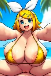 1boy 1girls ai_generated alternate_breast_size areolae beach bikini bikini_top blue_eyes breast_jiggle breasts female gigantic_breasts hair_ribbon happy huge_breasts kagamine_rin looking_at_viewer male on_top on_top_of_viewer palm_tree pov pussy reaching_towards_viewer sex sex_with_viewer smiling vagina vaginal_penetration vocaloid yellow_bikini yellow_hair