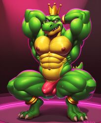 abs ai_generated alligator alligatorid biceps bulge crocodile crocodilian crocodylid crown donkey_kong_(series) eristhebot feet furry gay green_scales green_skin hands_behind_head k_rool male_only mammal muscular nipples on_tiptoes pecs scalie seductive smile solo_male squatting strip_club thong