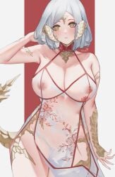 1girls au_ra chinese_clothes final_fantasy_xiv milephunter see-through see-through_clothing