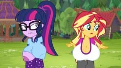 2girls alternate_version_available areolae big_breasts biting_lip breasts female female_only huge_breasts legend_of_everfree mlp my_little_pony my_little_pony_equestria_girls nipple_bulge nipple_slip nipples nipples_visible_through_clothing no_bra no_text_version sci-twi screencap screenshot_edit sunset_shimmer tagme the_phantom_editor_(artist)