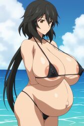 1girls ai_generated areolae beach big_breasts bikini black_hair breasts chifuyu_orimura enormous_breasts female female_focus female_only hairy_pussy happy huge_breasts infinite_stratos large_areolae large_breasts long_hair looking_at_viewer mature_female milf orimura_chifuyu ponytail pregnant pregnant_belly pregnant_female ready_to_pop smile smiling yellow_eyes