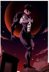 abs clenched_fists eddie_brock flaccid male_focus male_only marvel marvel_comics moon muscular muscular_male night_sky nipple_bulge nipples pecs penis shadow_over_eyes solo_focus solo_male soul_patch standing_on_building symbiote veiny_penis venom_(marvel) yuunsfw