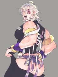 armlet armlets ass big_ass big_pecs demon_slayer facepaint fingerless_gloves fundoshi gold_(metal) gold_jewelry hair_between_eyes hair_down kimetsu_no_yaiba kyu_717 long_hair_male looking_back makeup male male_only messy_hair muscular muscular_male pink_eyes s smile solo undressing uniform uzui_tengen white_hair