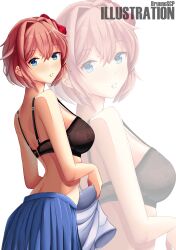 1girls blue_eyes bra bruunoscp caught doki_doki_literature_club female hair_bow hairbow large_breasts light-skinned_female light_skin sayori_(doki_doki_literature_club) short_hair skirt slim_waist solo undressing wide_hips