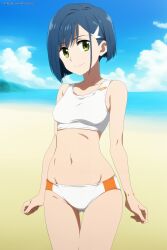 1female 1girls ai_generated artkoikoi bangs bare_shoulders beach belly belly_button blue_hair collarbone commentary_request darling_in_the_franxx english_commentary female female_only green_eyes hairclip ichigo_(darling_in_the_franxx) koikoi light-skinned_female light_skin looking_at_viewer medium_breasts midriff navel normal_breasts outdoors outside short_hair smile solo solo_female sports_bra sports_panties standing tagme thick_thighs thigh_gap thighs