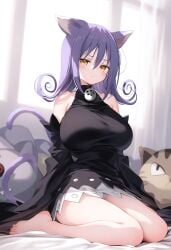 1female 1girls ahoge ai_generated bangs big_breasts blair_(soul_eater) breasts cat_ears cat_tail catgirl commentary_request cute cute_face english_commentary female female_only hi_res highres long_hair pigr solo solo_female solo_focus soul_eater unamused very_high_resolution violet_hair wariza yellow_eyes
