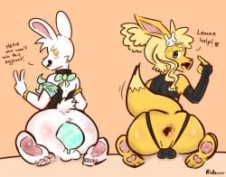absurd_res anthro anus armband ass blonde_hair blush body_blush bow_(feature) butt_blush canid clothed clothing duo egg egg_laying english_text feet femboy gaping gaping_anus hi_res hybrid_pokemon lagomorph leporid lonnie_(riderrr) male male_egg_laying mammal nintendo orange_body partially_clothed pawpads pok&eacute;mon_(species) pokemon pokemon_(species) presenting presenting_anus presenting_hindquarters rabbit riderrr text text_on_clothing white_body