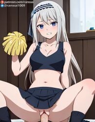 1boy 1girls ai_generated anime blue_eyes cheerleader cheerleader_outfit cowgirl_position female grey_hair human kaguya-sama_wa_kokurasetai_~tensai-tachi_no_renai_zunousen~ male ranwai sex shirogane_kei stable_diffusion vaginal_penetration vaginal_sex