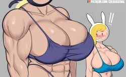 2girls abs adventure_time big_breasts blonde_hair blush blushing breast_awe breast_envy breasts bunny_ears cleavage coldarsenal female female_only fionna_the_human_girl huge_breasts large_ass looking_at_another looking_at_breasts muscular muscular_female navel no_background susan_strong thong wide_hips