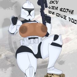 ammo_belt areolae armor armored_female attack_of_the_clones belt big_breasts big_nipples big_thighs bodysuit boots breasts breasts_bigger_than_head breasts_out brown_nipples clone clone_trooper clone_wars female female_soldier helmet helmet_with_visor holding_object pointing pointing_at_viewer posing posing_with_weapon poster propaganda propaganda_poster rule_63 semi_nude shoulder_pads star_wars stepping_on_head tall_female tan_skin thigh_armor vincentbot weapon white_armor