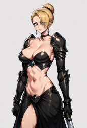 ai_generated armor big_breasts blonde_hair blue_eyes gloves king_of_fighters knife mature_(kof) revealing_clothes skirt snk