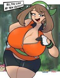 ? bandana big_breasts bike_shorts blue_eyes blush breasts cleavage dialogue eye_contact forest forest_background fully_clothed green_bandana huge_breasts human large_breasts looking_at_viewer may_(pokemon) nintendo pokemon pokemon_rse pov shorts silenttandem skitty speech_bubble text thick_thighs thighs tree trees zipper