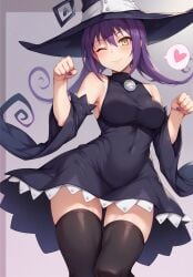 1girls adult_swim ai_generated bell_haircut blair_(soul_eater) bust kawaii_waifus large_breasts patreon purple_hair soul_eater stockings tight_clothing toonami upwing_bell witch witch_hat witch_outfit