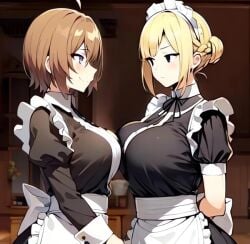 2girls ai_generated blonde_hair brown_hair female maid maid_(kaifuku) maid_uniform pixiv redo_of_healer