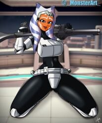 1girls ahsoka_tano alien alien_girl clone_armor clothed clothed_female clothing female female_only gun hat legs_open legs_spread looking_at_viewer monsterart on_knees sfw_version shiny shiny_clothes solo solo_female star_wars text the_clone_wars:_season_seven weapon