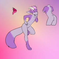 1:1 absurd_res andromorph anthro ass closed_eyes co1byfpv cuntboy digital_media_(artwork) hand_on_hip hi_res intersex model_sheet nude purple_body smile wickerbeast