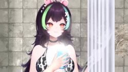 animated big_breasts black_hair cow_girl cow_swimsuit eyes_open munavt pink_hair shower tagme video virtual_youtuber vtuber vtuberfanart white_body