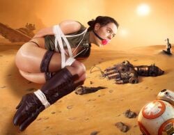 1boy 1girls ap0cd1gg1t arms_tied_behind_back assassin_droid ball_gag bb-8 bondage boots bound breasts daisy_ridley desert gag gagged lightsaber naked naked_female photoshop practically_nude rey robot_parts rope rope_bondage star_destroyer star_wars stockings undyingtota