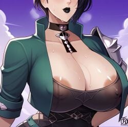 1girl ai_generated big_breasts black_lipstick blush breast_focus breasts_out civitai clouds erect_nipples expressionless female fire_emblem fire_emblem:_three_houses gigantic_breasts head_out_of_frame huge_breasts large_breasts lipstick massive_breasts mature_female milf milfification nintendo nipples_visible_through_clothing purple_background purple_hair purple_sky revolverwingstudios_(style) shamir_nevrand short_hair sky steam steaming_body sweat tight_clothing voluptuous