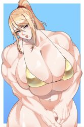 abs big_breasts blonde_hair blue_eyes extreme_muscles golden_bikini huge_breasts metroid mole_under_mouth muscular muscular_arms muscular_female nintendo posing posing_for_the_viewer samus_aran strongmoist thick_thighs tight_clothing