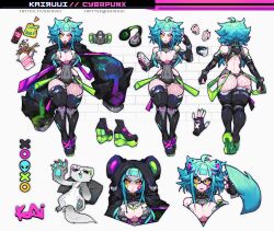 1girls ass big_breasts blue_hair breasts cyberpunk female fishnets kairuui neon pale_skin reference_sheet thick_thighs thigh_highs thighs