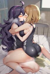 ai_generated bare_legs big_breasts big_butt blonde_hair blush breast_press closed_eyes fat_ass gym_uniform hex_maniac huge_breasts in_search_of_holy_water kissing large_breasts lesbian_kiss light-skinned_female light_skin long_hair nintendo peeing pokemon pokemon_xy purple_hair serena_(pokemon) short_hair thick_thighs thighs urine yuri