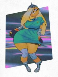 1girls adventure_time big_breasts biting_lip blonde_hair bronwyn female female_only helmet looking_at_viewer skateboard thick_thighs thighs wide_hips wolftang