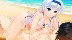 2boys aogiri_penta beach bikini blush crossdressing femboy frottage fujikiri_nao josou_kaikyou lotion male male_only nipple_rub nipples ocean penis trap white_hair yaoi