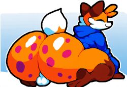 ai_generated anthro ass backsack balls big_butt bottomless butt_focus clothed clothing cute femboy fox freckles_on_butt fur genitals girly hellsonger hi_res hoodie huge_butt lagomorph male mammal orange_body orange_fur presenting presenting_hindquarters simple_background smile solo soups_(superiorfox) thick_thighs topwear