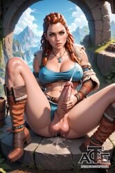 1futa abs ai_generated aloy balls big_balls big_breasts breasts curvy dickgirl futa_only futanari horizon_zero_dawn looking_at_viewer nsfw penis perfect_body ready_to_fuck small_waist smile solo taceee testicles