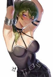 1girls arm_strap armlet armpits arms_up belt black_belt black_choker black_dress breasts celyn404 choker commentary_request dress female green_hair halter_dress halterneck highres jewelry long_hair medium_breasts pleated_dress presenting presenting_armpit purple_eyes side_ponytail sleeveless sleeveless_dress solo sousou_no_frieren sweat ubel_(sousou_no_frieren) upper_body
