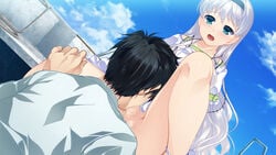 2boys aogiri_penta blush bottomless censored crossdressing fellatio femboy femboy_on_male fujikiri_nao josou_kaikyou josou_seme legs male male_only male_sucking_femboy no_panties oral penis sundress surprised tagme trap white_hair yaoi