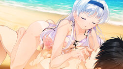 2boys aogiri_penta beach bikini blush crossdressing cum ejaculation femboy frottage fujikiri_nao josou_kaikyou lotion male male_only nipple_rub nipples ocean penis saliva_trail trap white_hair yaoi