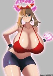 bike_shorts breast_expansion dynamax dynamax_on_humans gigantic_breasts growth huge_breasts may_(pokemon) mewmaster93 pokemon pokemon_oras pokemon_rse sports_bra