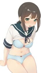 1girls alternate_breast_size arm_support blue_bra blue_neckerchief blue_panties blush bow bow_bra bow_panties bra breasts brown_hair cleavage clothes_lift clothing cowboy_shot crotch_seam embarrassed female female_only fubuki_(kantai_collection) green_eyes green_sailor_collar highres kantai_collection legs_together long_hair looking_at_viewer low_ponytail matching_underwear medium_breasts medium_hair midriff navel neckerchief no_pants open_mouth panties partially_undressed red_ribbon ribbon ribbon_panties sailor_collar sakieko school_uniform serafuku shirt shirt_lift short_sleeves sidelocks simple_background sitting solo solo_female thighs underwear white_background white_shirt