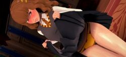 1girls abraham_koikatsu blush embarrassed exhibitionism female flashing flashing_underwear gryffindor harry_potter hermione_granger koikatsu lifting_skirt office panties presenting school school_uniform schoolgirl shiny_skin skirt_lift skirt_up solo student teacher teacher_and_student thighs underwear uniform wet witch_trainer yellow_panties yellow_underwear