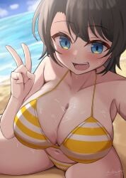 :d beach bikini black_hair blue_eyes breasts female hashira_14 highres hololive hololive_gen_2 hololive_japan huge_breasts large_breasts looking_at_viewer ocean oozora_subaru oozora_subaru_(hololive_summer_2019) open_mouth short_hair smile solo striped_bikini striped_clothes summer sunscreen sweat swimsuit v virtual_youtuber