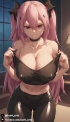 ai_generated alternate_body_type black_choker cleavage covered_nipples gumi_arts indoors krul_tepes large_breasts leather_pants looking_at_viewer navel night owari_no_seraph pink_hair red_eyes removing_clothing stable_diffusion tank_top thick_thighs wide_hips