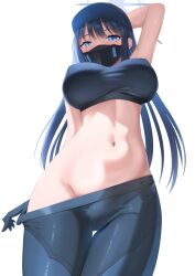 arius_satellite_school_student arius_squad_(blue_archive) arm_behind_head arm_up baseball_cap belly black_hair black_mask black_pants black_shirt blue_archive blue_eyes blue_hair breasts clothes_pull crop_top face_mask female from_below halo hat highres large_breasts long_hair mask mouth_mask navel nipple_bulge pants pants_pull saori_(blue_archive) shirt sleeveless sleeveless_shirt solo stomach tatsumiya_kagari