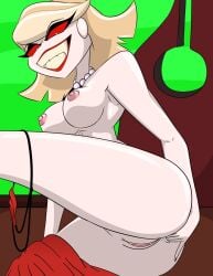 anal_masturbation big_breasts blonde_hair breasts demon_girl female_only fingering_ass fingering_self hazbin_hotel katie_killjoy nude pale-skinned_female red_eyes smile vivienne_medrano vivziepop white_skin