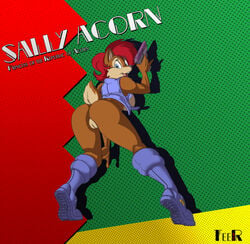 2013 anthro ass back_view big_ass black_nose blue_eyes boots bottomless breasts breasts_out brown_fur brown_hair chipmunk dat_ass english_text eyelashes female female_only fur furry gun handgun knee_boots large_breasts looking_back mammal open_mouth pistol pussy raised_tail ranged_weapon sally_acorn sega short_tail sideboob signature smile solo sonic_(series) tail teer text two_tone_fur vest weapon