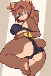 :t anthro ass barefoot bear big_breasts black_panties black_underwear breasts cute dinim eyewear feet female glasses lace_bra lace_panties looking_at_viewer looking_back mature_female panties smile solo tail underwear