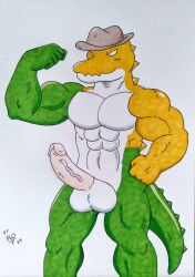 2024 abs absurd_res alligator alligatorid anthro balls barazoku biceps big_balls big_muscles big_pecs candy clothing crocodile crocodilian crocodylid dashthefox dessert drawing erection flexing flexing_bicep food food_creature genitals glitch_productions green_body gummigoo_(the_amazing_digital_circus) gummy_(food) gummy_creature hat hat_only headgear headgear_only headwear headwear_only hi_res humanoid_genitalia humanoid_penis living_candy male male_only manly markers mostly_nude multicolored_body muscular muscular_anthro muscular_arms muscular_male muscular_thighs non-mammal_balls nude pecs penis reptile scales scalie simple_background solo standing tail the_amazing_digital_circus thick_penis topwear traditional_media_(artwork) two_tone_body vein veiny_penis white_background white_body yellow_body