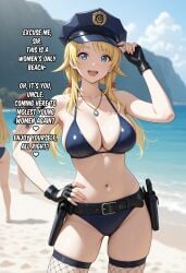 ai_generated beach belt bikini black_gloves blonde_hair blue_bikini blue_eyes caption cleavage collarbone day english_text fingerless_gloves hachimiya_meguru hand_on_hip large_breasts long_hair looking_at_viewer low_twintails multiple_girls navel necklace open_mouth outdoors police police_hat smile solo_focus swimsuit thighhighs twintails