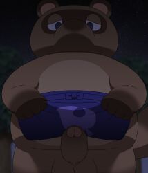 2024 absurd_res animal_crossing anthro apron balls belly brown_body canid canine clothing erection genitals hi_res kemono male male_only mammal night nintendo outside overweight overweight_male penis penta002 raccoon_dog solo tanuki tom_nook