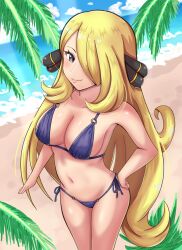 1girls absurd_res alternate_version_available beach bikini blonde_hair breasts cleavage commentary creatures_(company) cynthia_(pokemon) game_freak grey_eyes hair_ornament hair_over_one_eye hand_on_hip hi_res long_hair looking_at_viewer maho_(corotonton5150) medium_breasts micro_bikini nature navel nintendo ocean paid_reward_available pokemon pokemon_(game) pokemon_champion pokemon_dppt side-tie_bikini sky smile solo standing swimsuit very_long_hair water